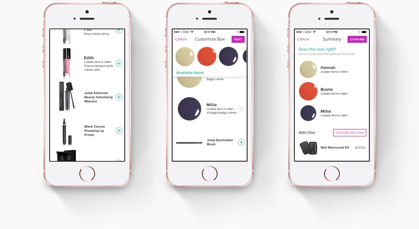 A phone displaying the Julep app while hovering above a pink background
